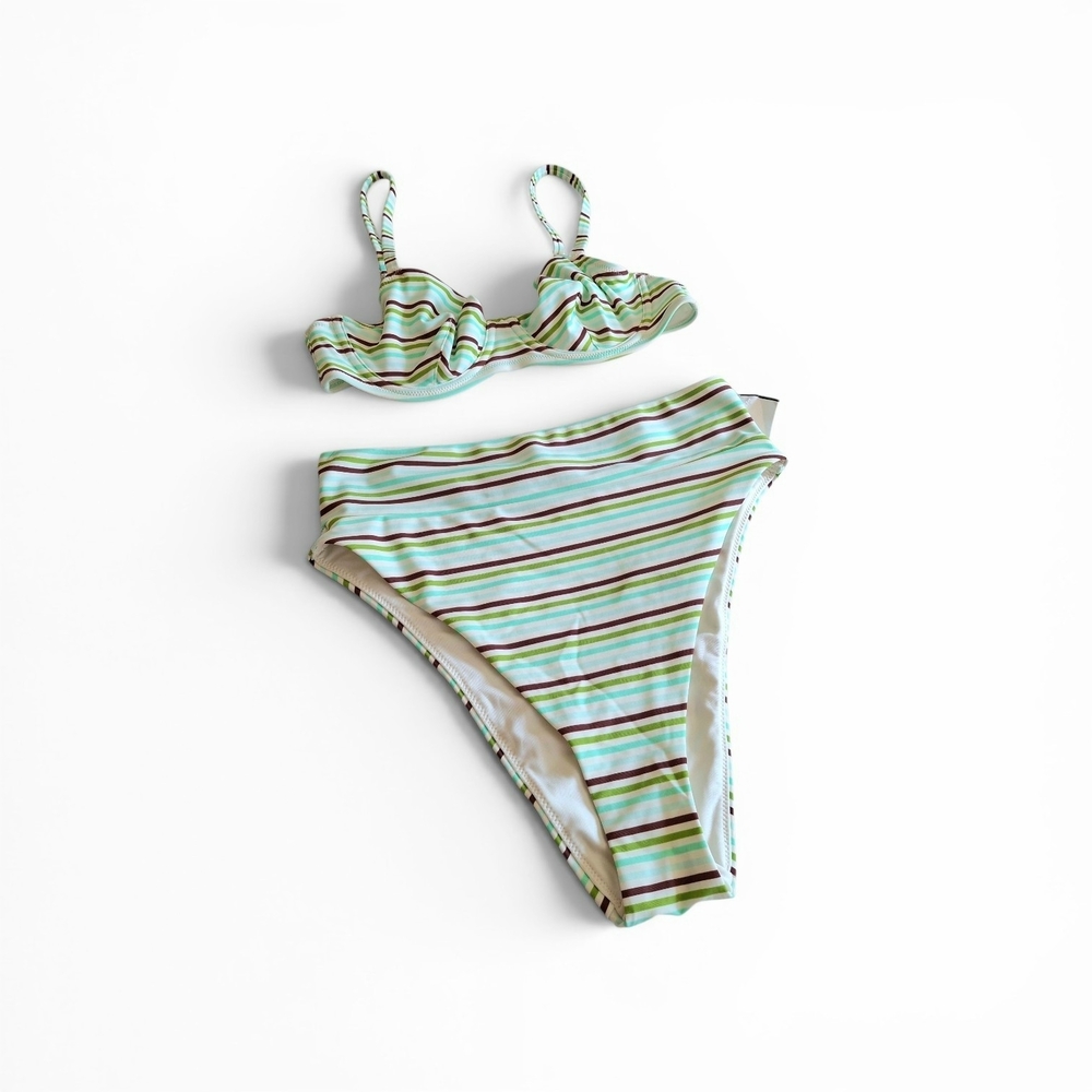 Aerie Cheeky Striped High-Waist Bikini Set in Mint, Aqua and Brown